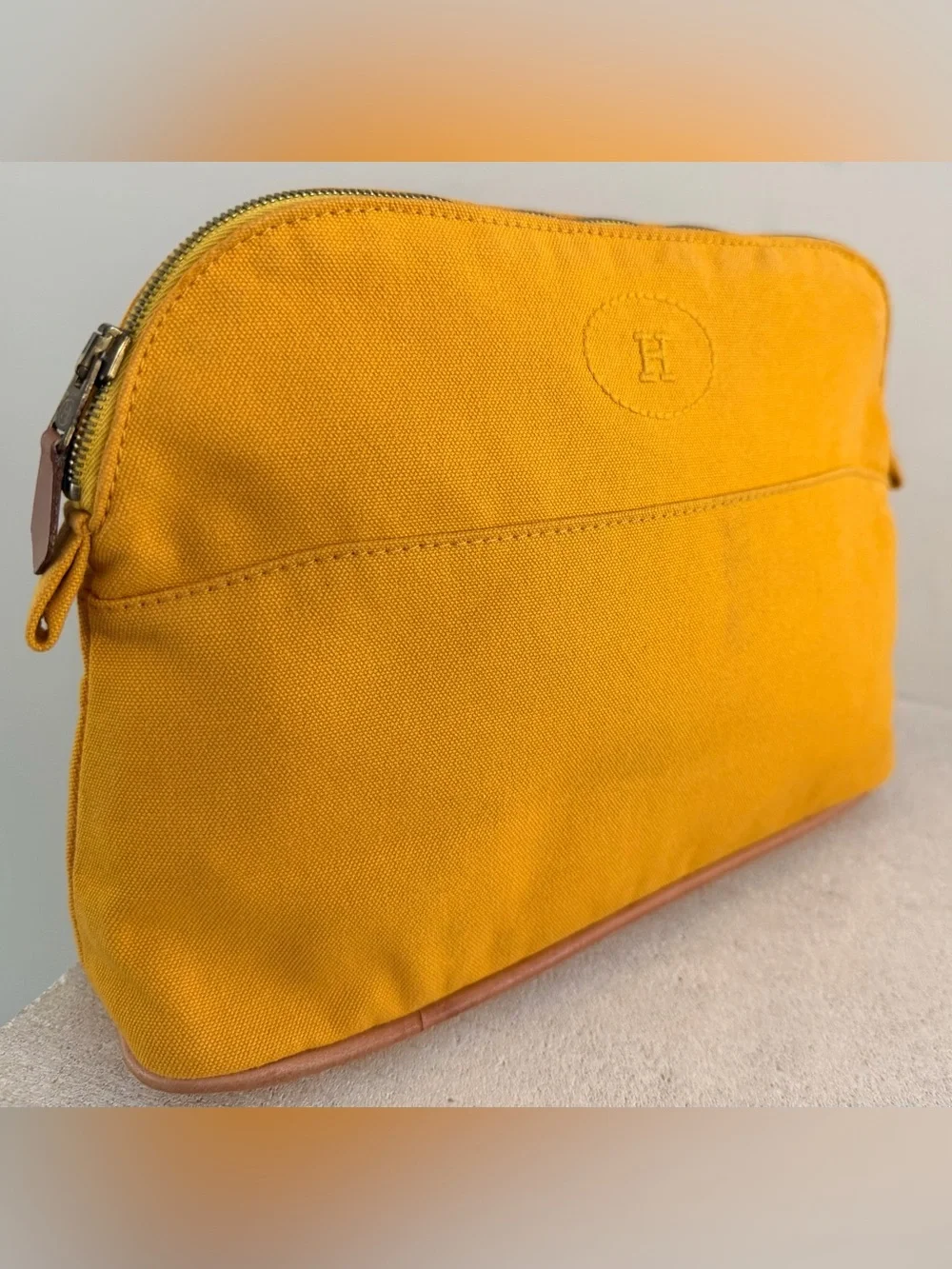 HERMÈS Bolide MM Yellow Canvas Cosmetic Travel Pouch Makeup Case France